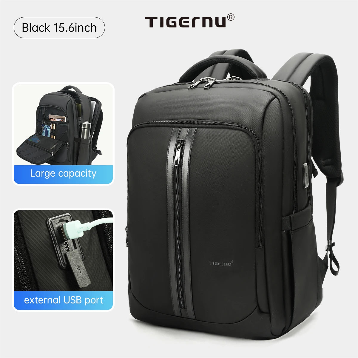 Tigernu Leather Composite Backpack – Two Sizes, USB Charging, Anti-Theft, Reflective Stripe