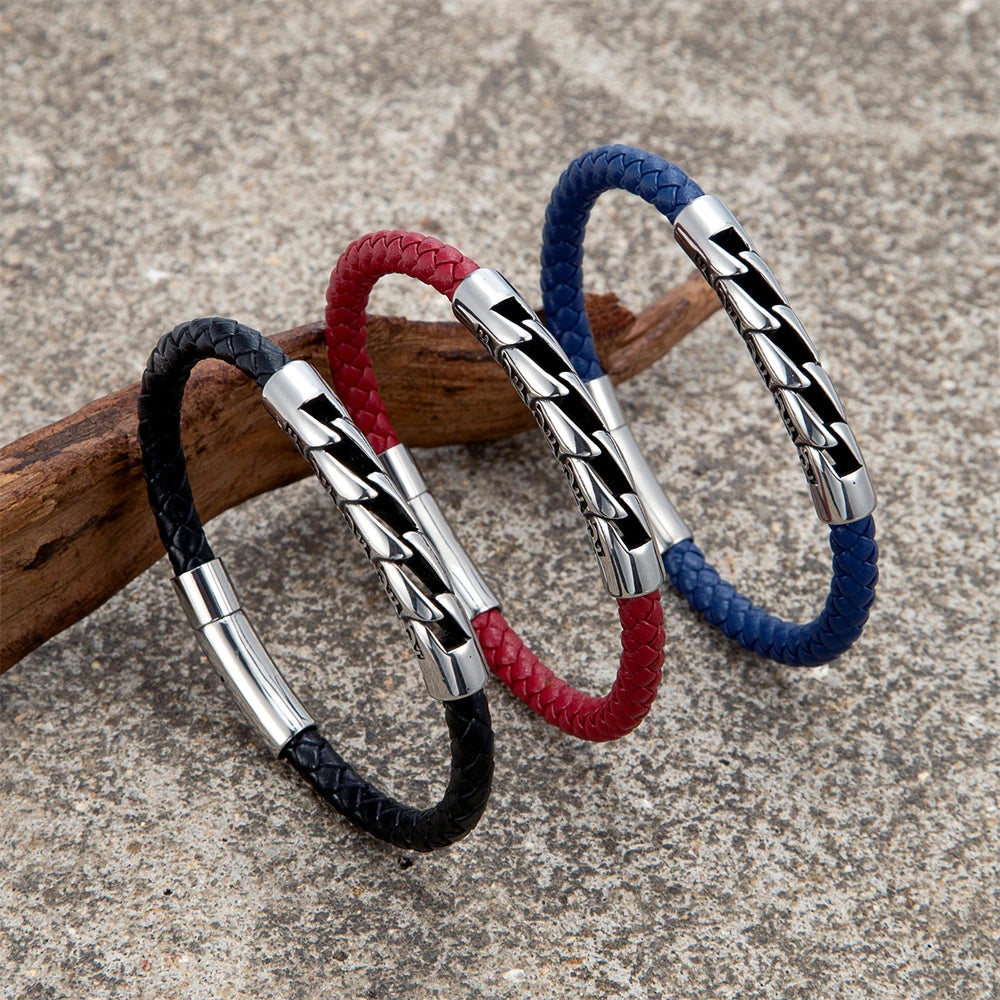 Handmade Black/Red/Blue 6mm Leather Anchor Bracelet Men Women Stainless Steel Braided Leather Rope Wristband Vintage Couple Gift