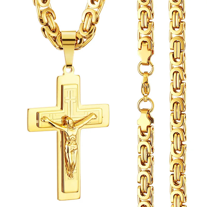 Stainless Steel Long Byzantine Chain Christian Crucifix Jesus Cross Pendants Necklaces for Men Necklace Religious Jewelry colar