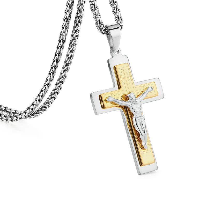 Men's Jesus Cross Pendant Necklace – Long Byzantine Chain, Stainless Steel, Religious