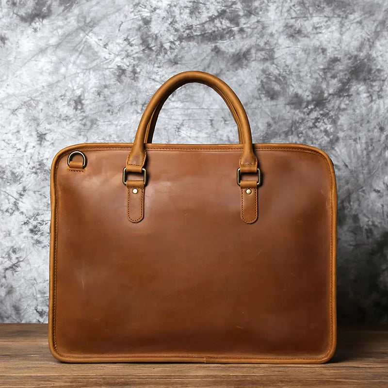 Men's Crazy Horse Leather Briefcase – Two Sizes, 15" or 16" Laptop, Shoulder Carry