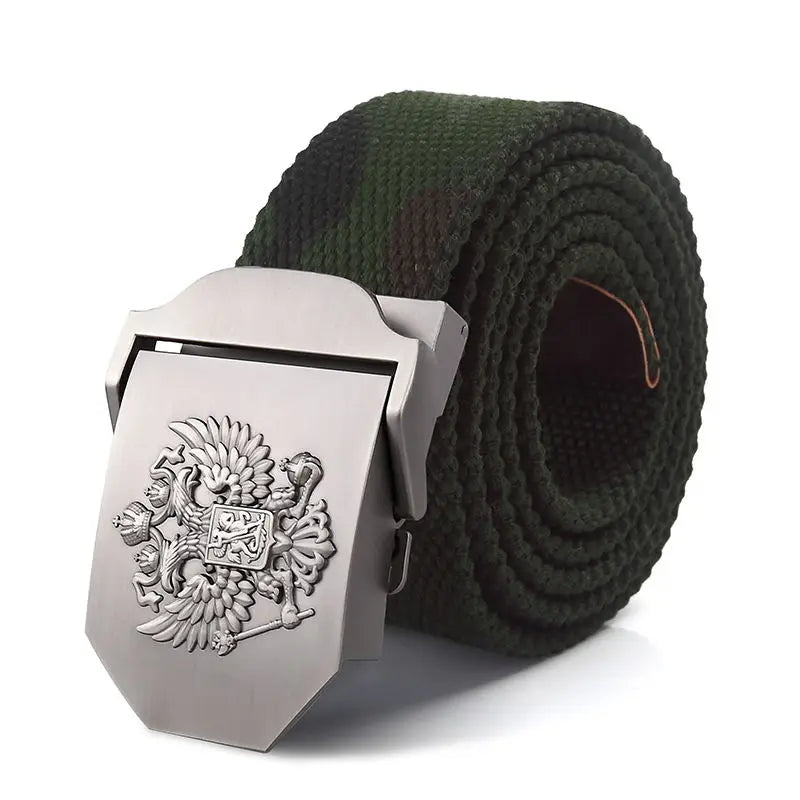 Men's Canvas Military Belt – Russian Emblem Silver Buckle