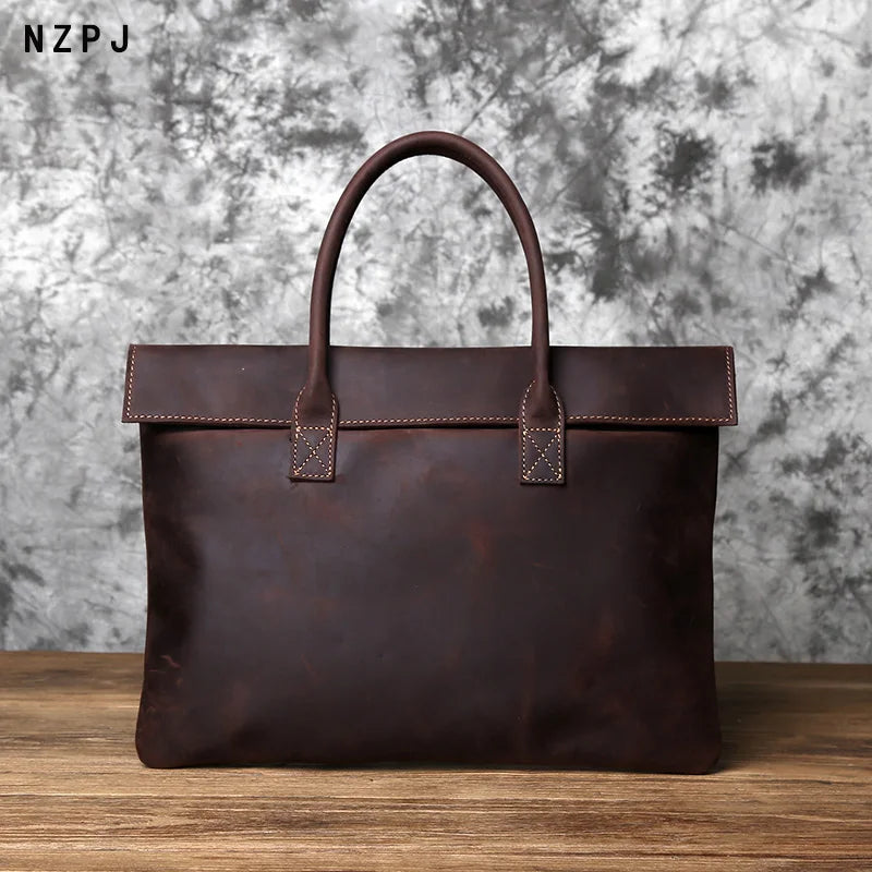 Men's Crazy Horse Leather Clutch Briefcase – Slim Cowhide, Two Sizes, 15" or 16" Laptop