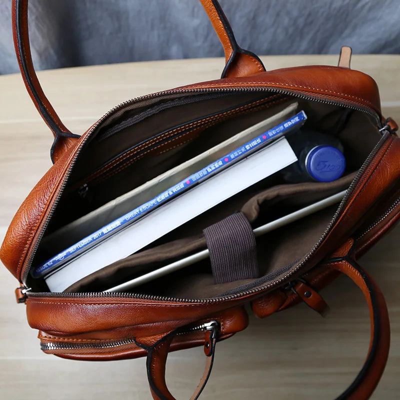 Men's Genuine Leather Briefcase – Retro Cowhide, Back 12" Tablet Pocket, 14" Laptop