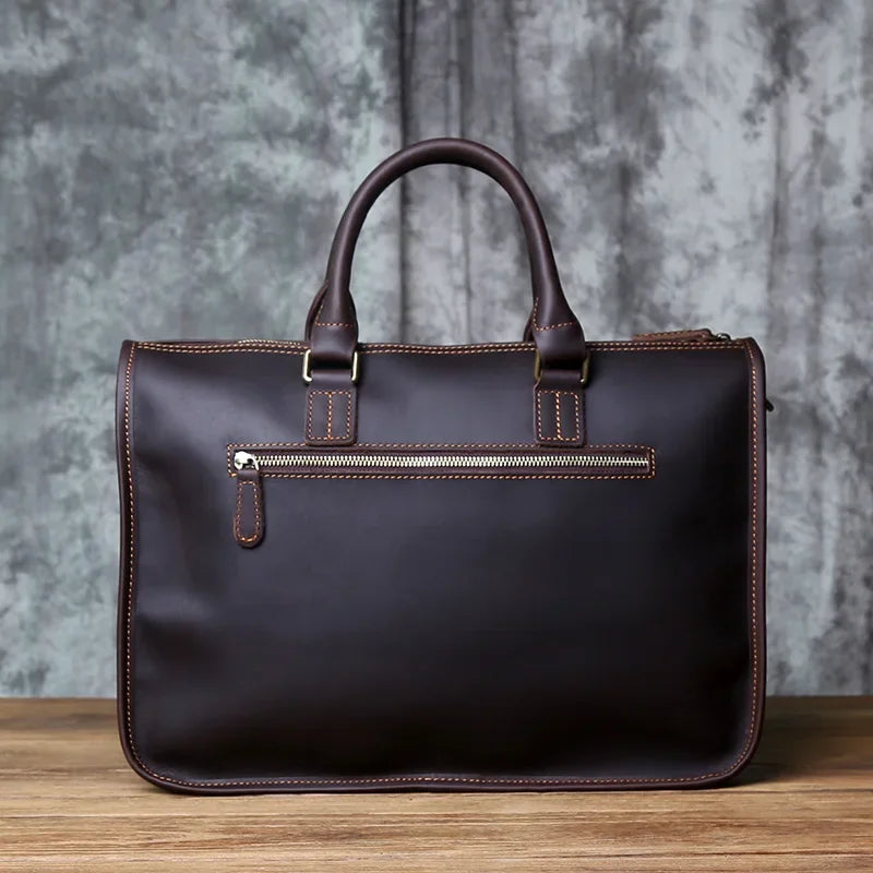 Men's Genuine Leather Briefcase – Vintage Natural Cowhide Messenger, 14" Laptop, Shoulder Carry