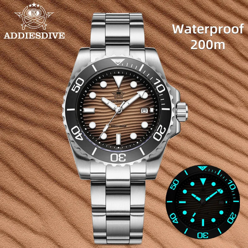 ADDIESDIVE AD2537 Quartz Dive Watch – 3D Desert Texture Dial, BGW9 Lume, 200m Water Resistant