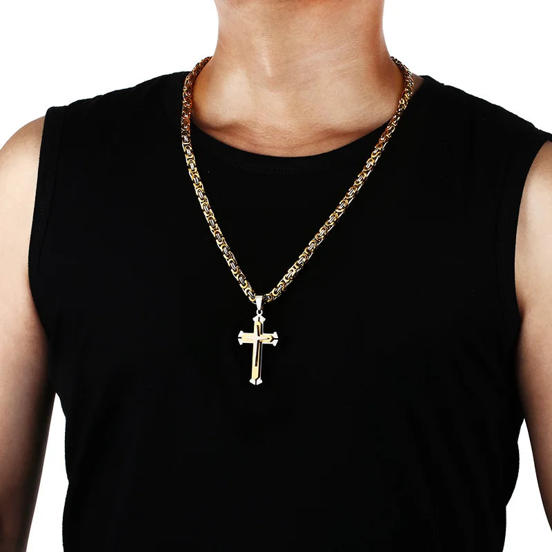 Orthodox Stainless Steel Jesus Cross Long Necklace Men Necklace Pendant Lucky Amulet Jewelry Birthday Gift
