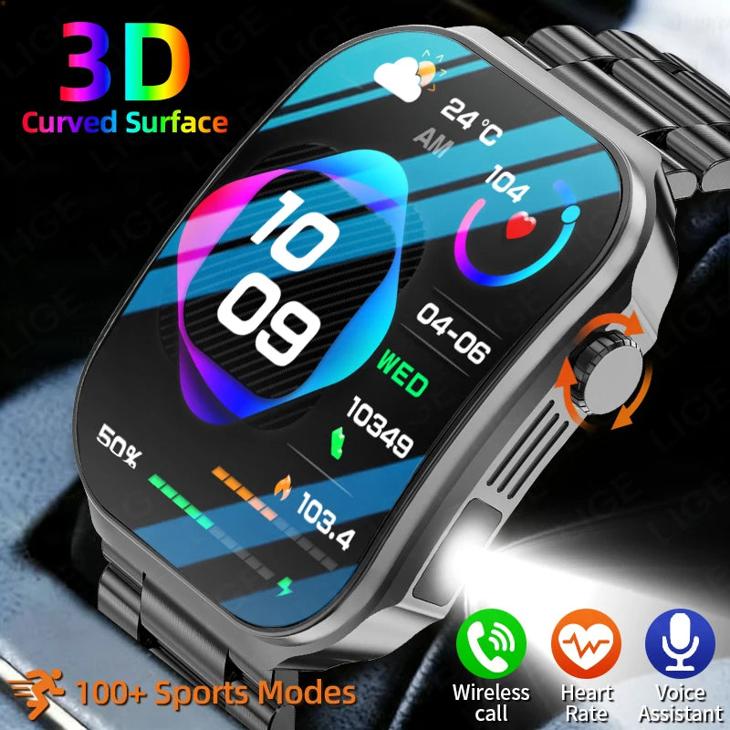 LIGE Smart Watch – 2.2" 3D Curved Display, Body Temp, Bluetooth Calling, IP67