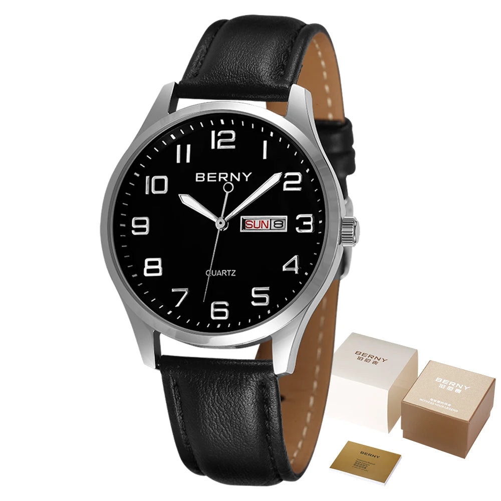 BERNY 2671M Business Dress Watch | Miyota 2105 | Genuine Leather | Day-Date