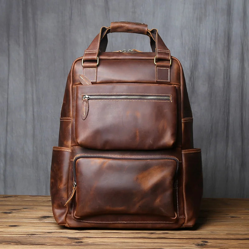 Men's Crazy Horse Leather Backpack – Retro Top-Layer Cowhide, 17" Laptop, Large Capacity