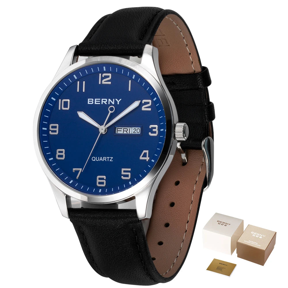 BERNY 2671M Business Dress Watch | Miyota 2105 | Genuine Leather | Day-Date