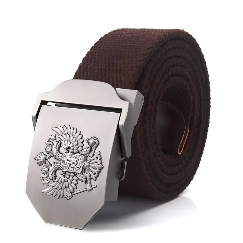 Men's Canvas Military Belt – Russian Emblem Silver Buckle