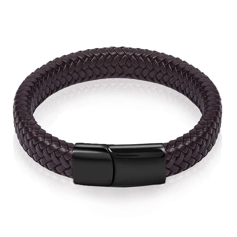Men's Braided Leather Bracelet – Stainless Steel Buckle Clasp, Handmade Bangle