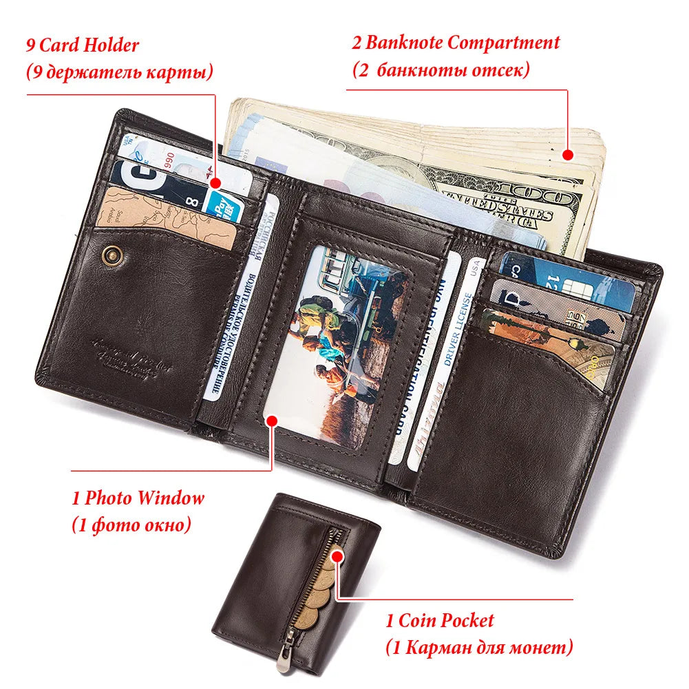 HUMERPAUL Genuine Leather Trifold Wallet – RFID Blocking, Coin Pocket & Card Holder