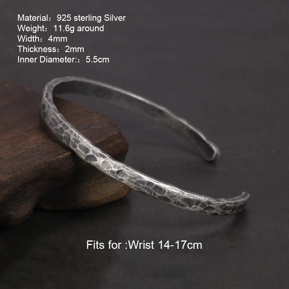 S925 Sterling Silver Hammer Pattern Viking Cuff Bangle