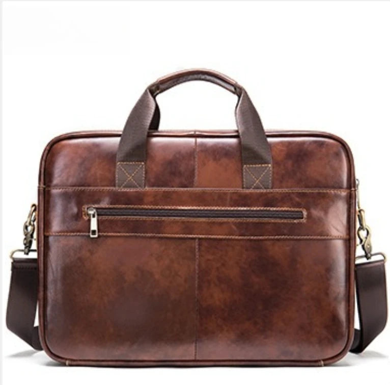 Top-Grain Cowhide Leather Briefcase | Business Laptop Bag with Shoulder Strap
