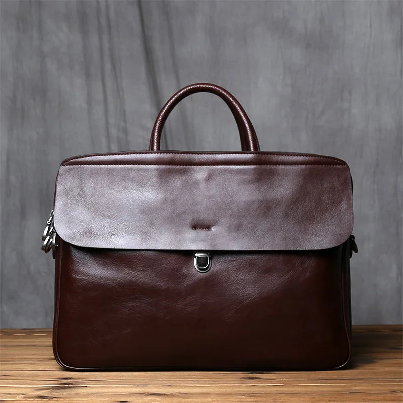 Men's Genuine Leather Briefcase – Vintage Natural Cowhide, 16" Laptop & iPad Compatible