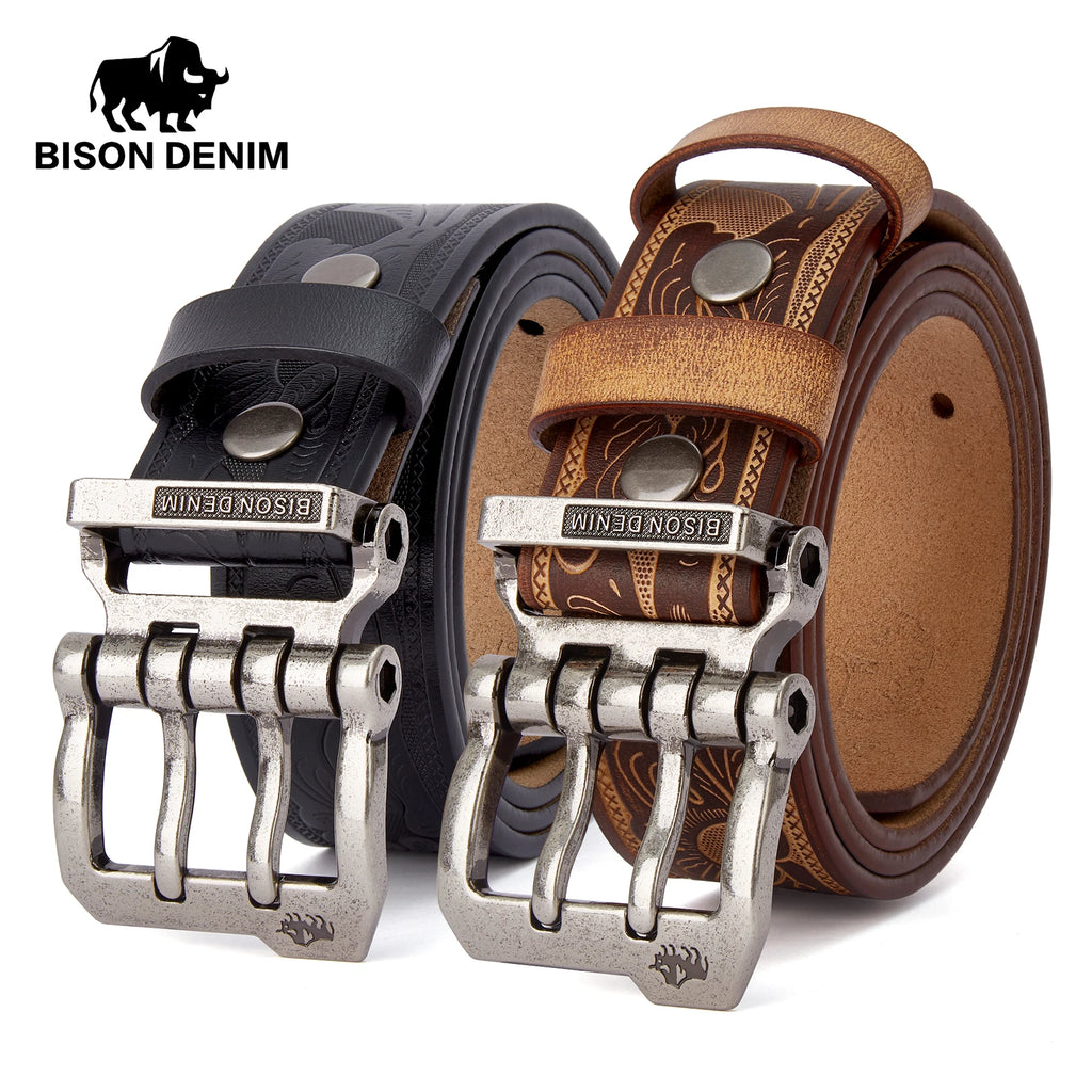 BISON DENIM Leather Pin Buckle Belt – Retro Style