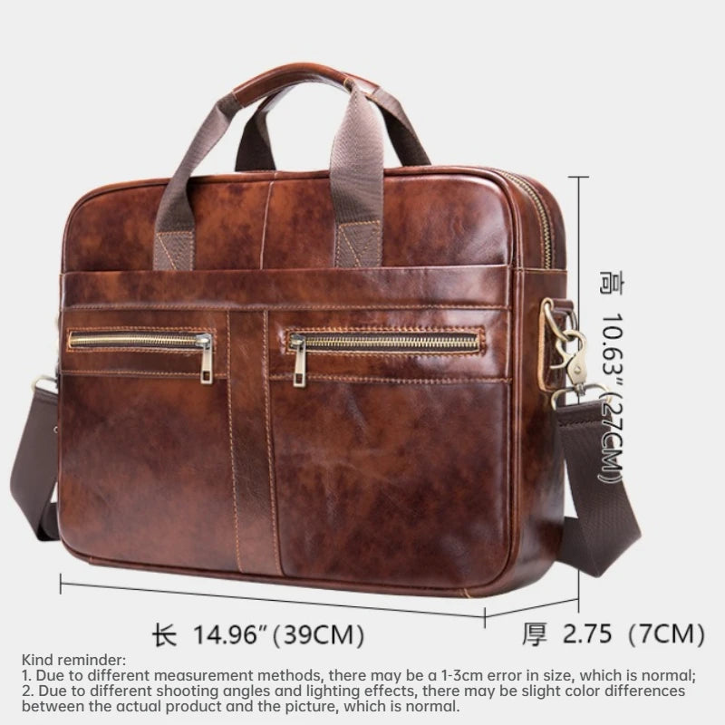 Top-Grain Cowhide Leather Briefcase | Business Laptop Bag with Shoulder Strap