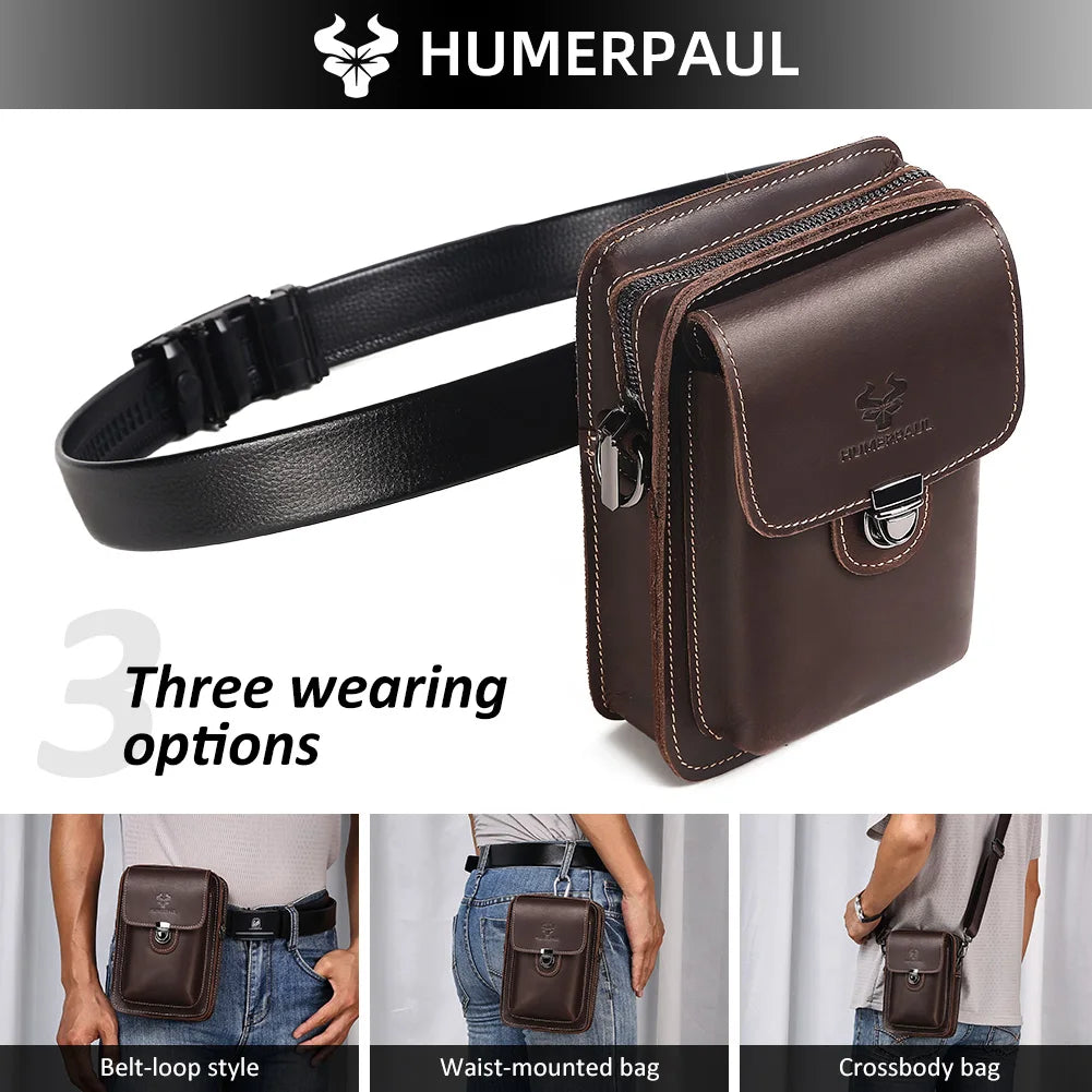 Crazy Horse Leather Waist Bag for Men — Multifunctional Phone Pouch & Shoulder Pack