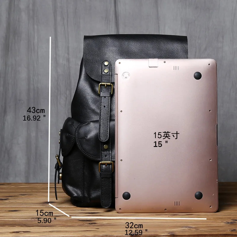 Men's Genuine Leather Backpack – Natural Cowhide, Rivet Detail, Drawstring Closure, Laptop