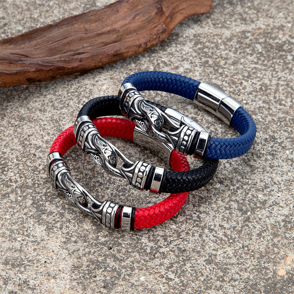 Handmade Leather Weaved Men's Bracelets Stainless Stee Infinity Viking Charm Cuff Bangle Wristband Vintage Jewelry Gift for Dad