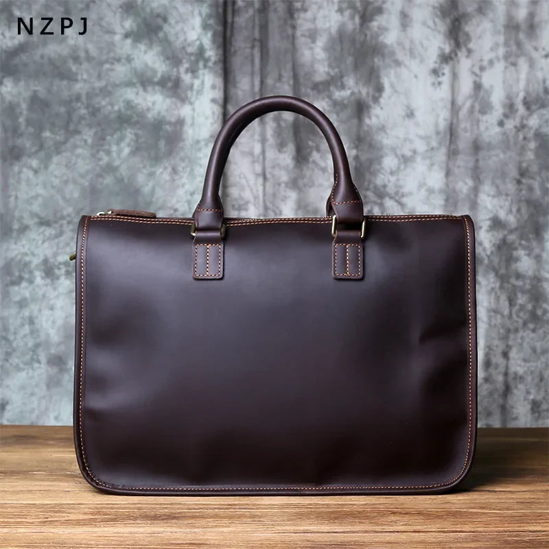 Men's Genuine Leather Briefcase – Vintage Natural Cowhide Messenger, 14" Laptop, Shoulder Carry