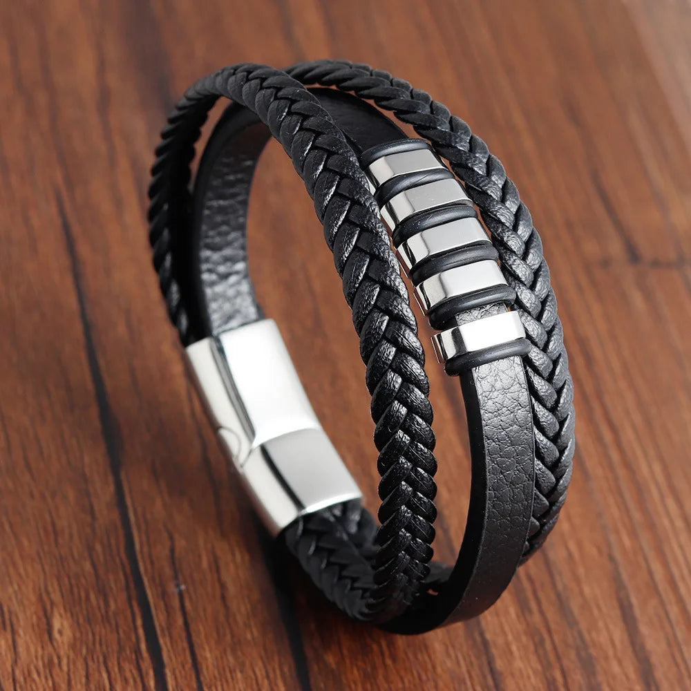 Men's Braided Leather Rope Bracelet – Stainless Steel Magnetic Clasp, Multi-Colour