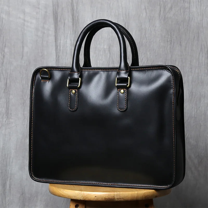 Men's Crazy Horse Leather Briefcase – Slim Natural Cowhide, 14" Laptop, Shoulder & Crossbody