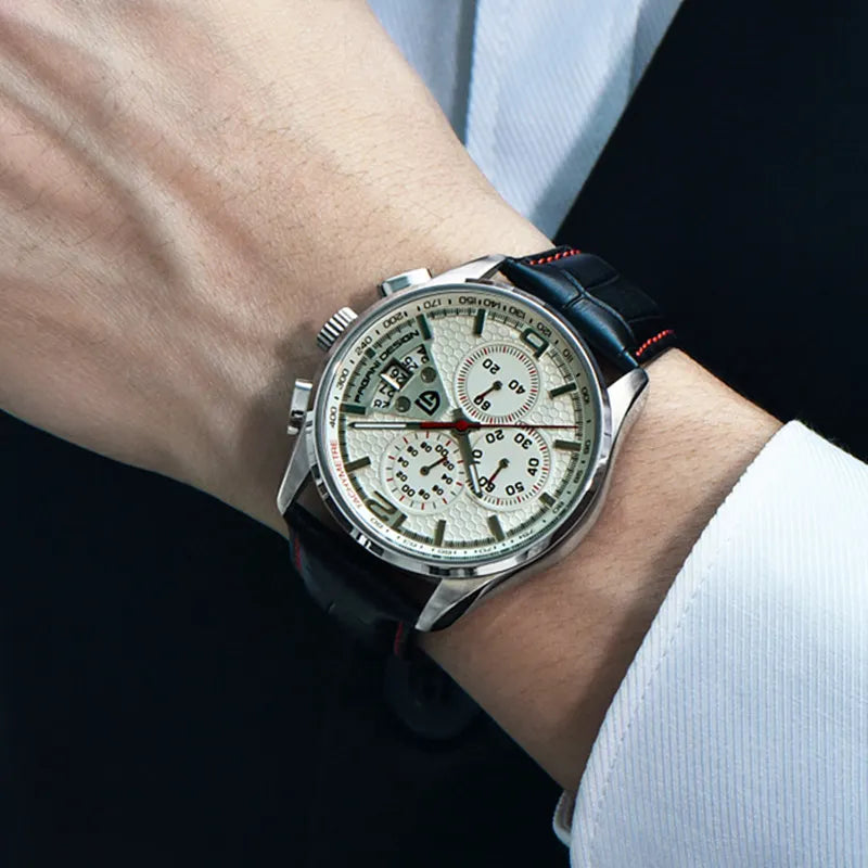 Pagani Design RPD-3306 Quartz Chronograph Watch – 44.5mm, Leather Strap, Date Display
