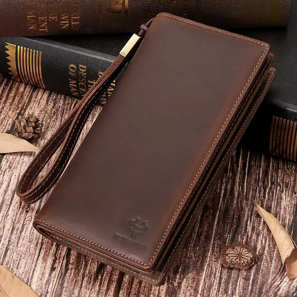 Genuine Leather Long Wallet for Men — RFID Blocking with Phone Pocket & Card Slots