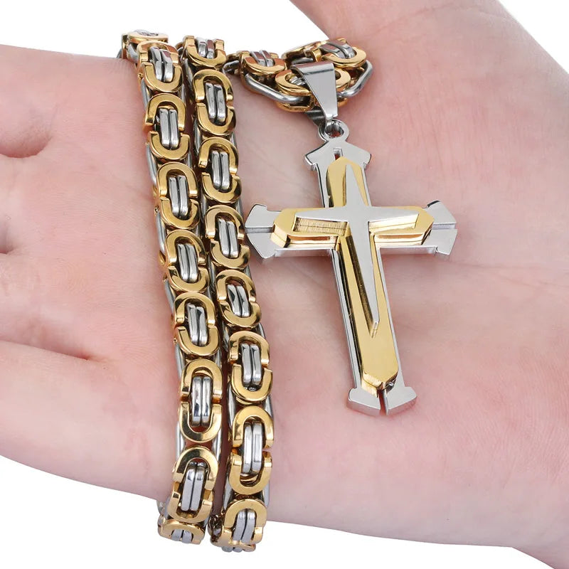 Orthodox Stainless Steel Jesus Cross Long Necklace Men Necklace Pendant Lucky Amulet Jewelry Birthday Gift