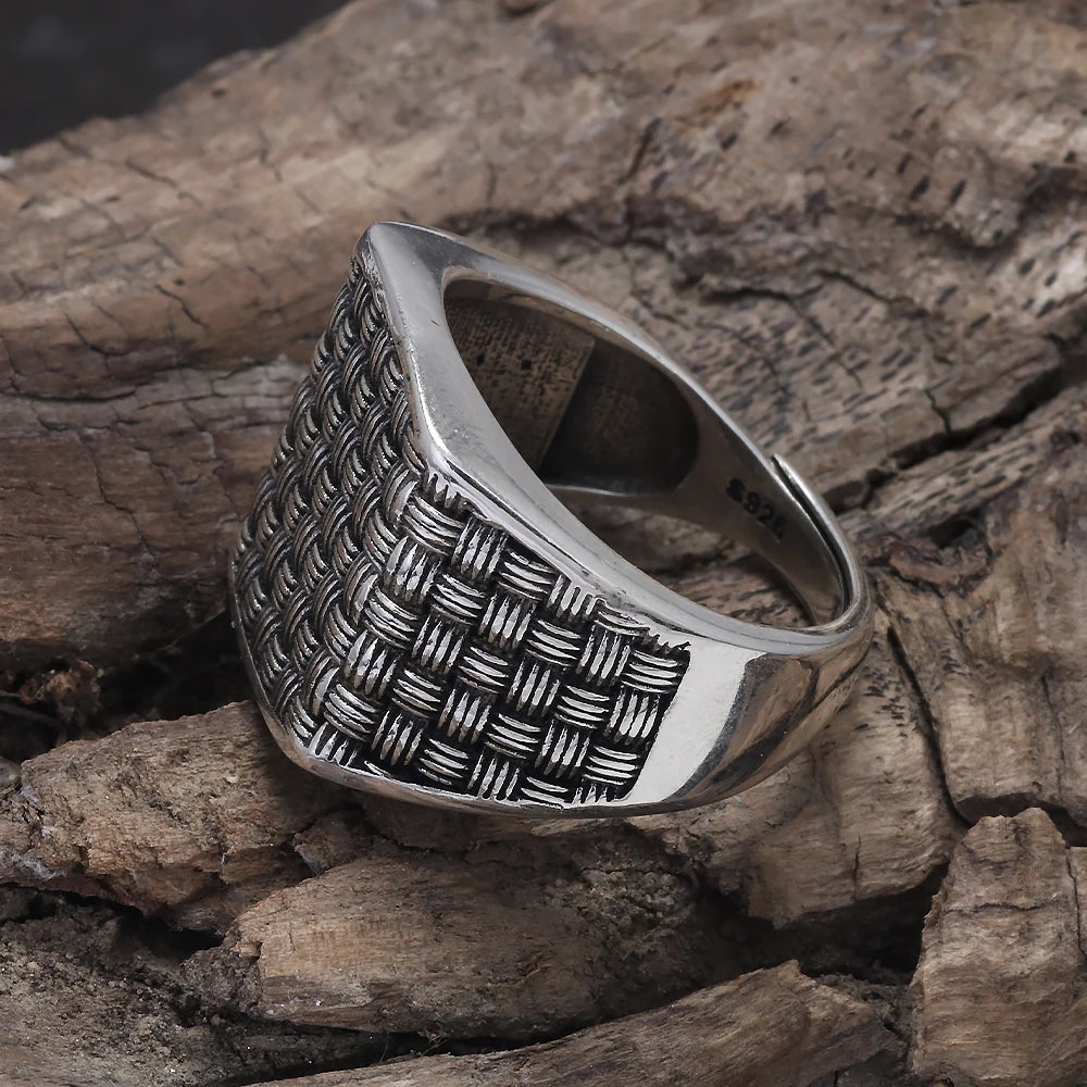 925 Sterling Silver Vintage Braided Square Statement Ring for Men Thai Silver Retro Cool Punk Fashion Jewelry Accessories