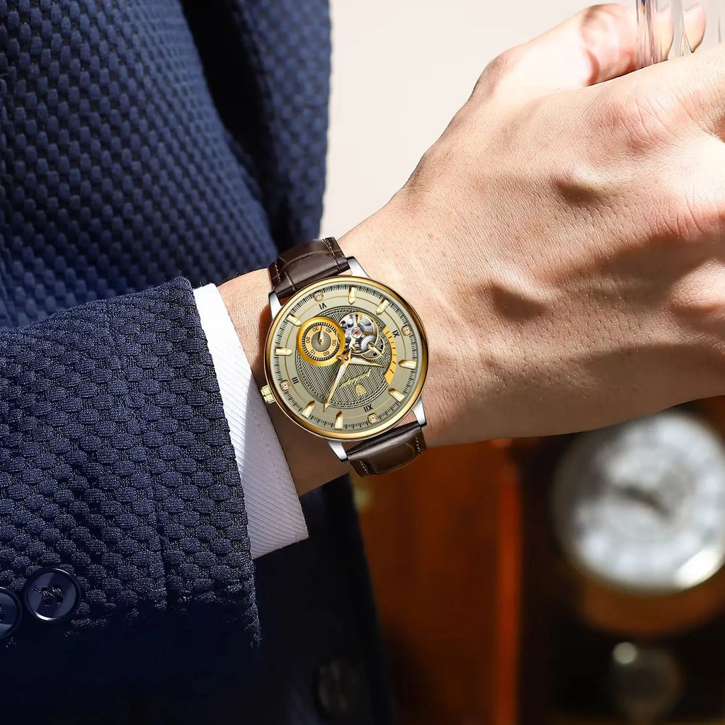 POEDAGAR Business Men Watch Waterproof Luminous Hollow Tourbillon Leather Male Clock Fashion Automatic Mechanical Men's Watches