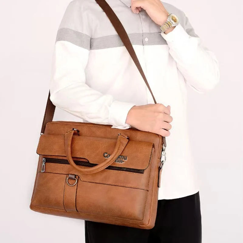The neutral color men's handbag is suitable for business trips and can also be carried on one shoulder.It is made of PU material