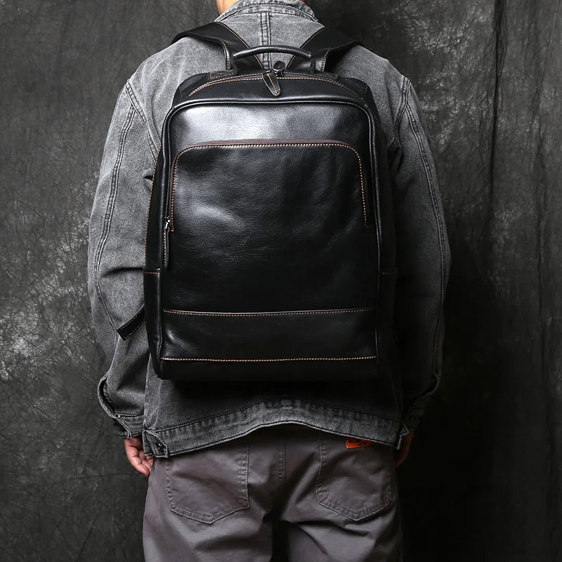 Men's Genuine Leather Backpack – Handmade Natural Cowhide, Full Leather Back Panel, 15.6" Laptop