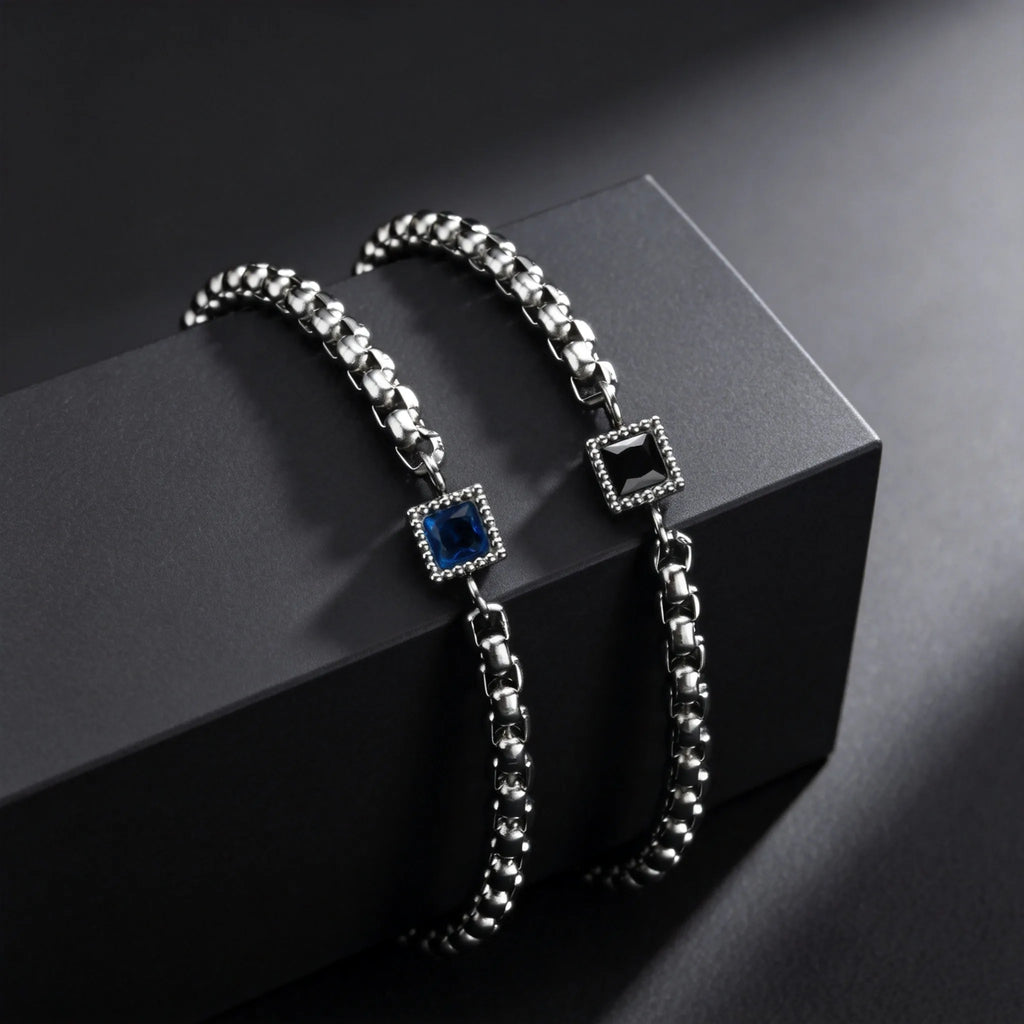 Men's Zircon Charm Bracelet, 4mm Square Chain Stainless Steel Bracelets, Fashion Waterproof Jewelry Gift for Men