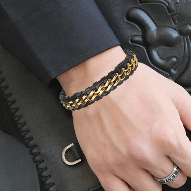 Genuine Leather Chain Bracelet for Men Magnetic Stainless Steel Clasp in Plated Gold Exclusive Jewellery Gift Wholesale Choice