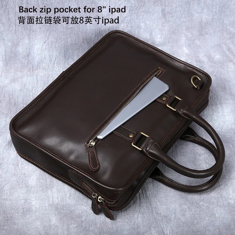 Men's Genuine Leather Briefcase – Slim Cowhide, Back iPad Pocket, Alloy Hardware, 14" Laptop