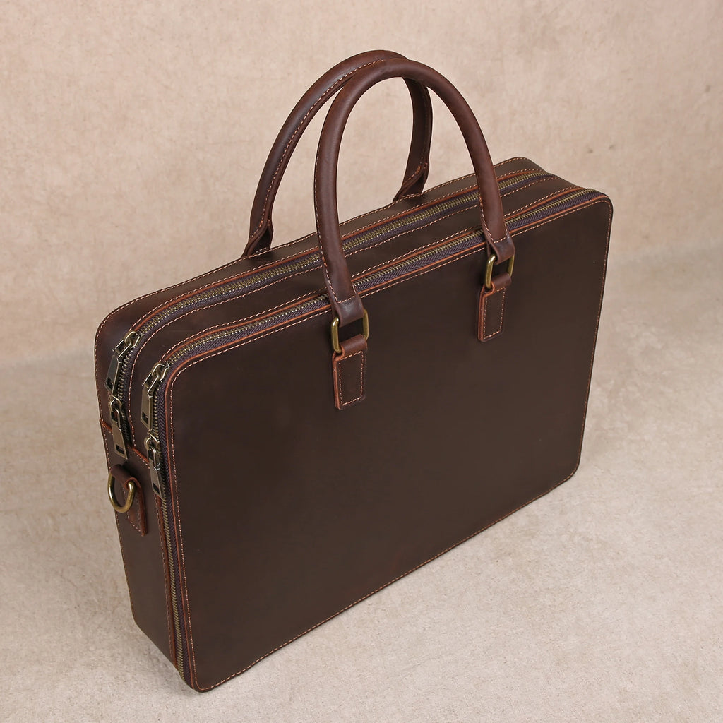 OKLRPS Crazy Horse Leather Briefcase | First-Layer Cowhide, Fits 16" Laptop