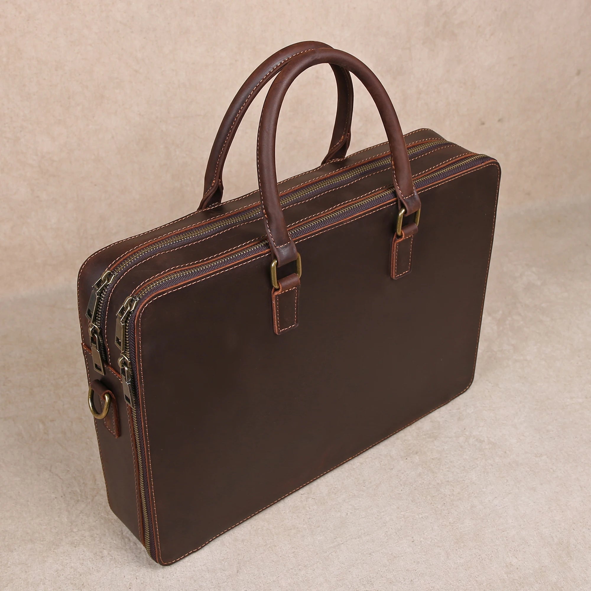 OKLRPS Crazy Horse Leather Briefcase | First-Layer Cowhide, Fits 16" Laptop