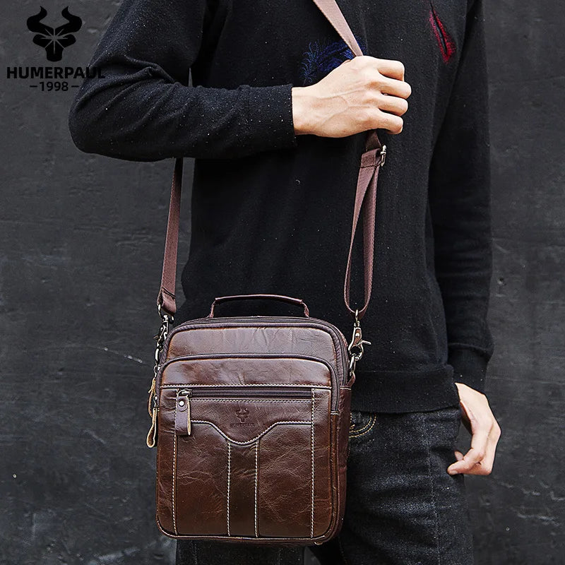 Genuine Cowhide Leather Shoulder Bag for Men — Large Capacity iPad Messenger