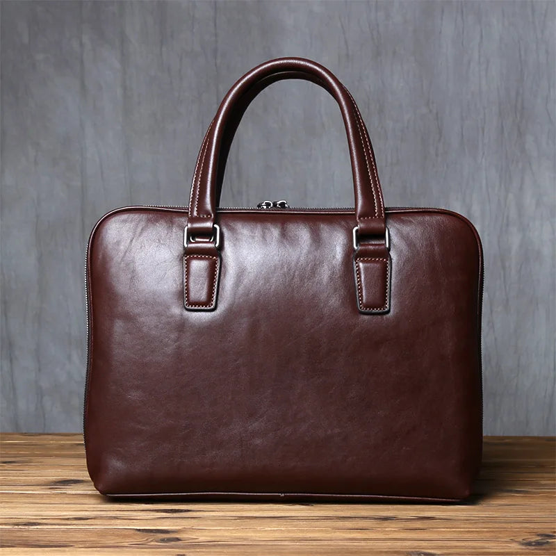 Men's Genuine Leather Briefcase – Slim Vintage Cowhide, Double Zipper, 14" Laptop, 1kg