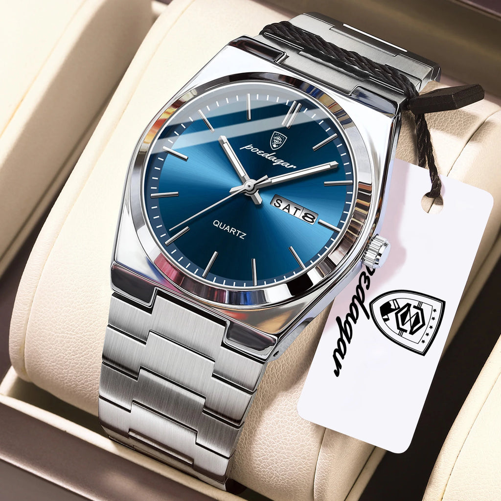 POEDAGAR Business Men Wristwatch Waterproof Stainless Steel Luminous Man Watch Date Week Fashion Quartz Men's Watches Male Reloj