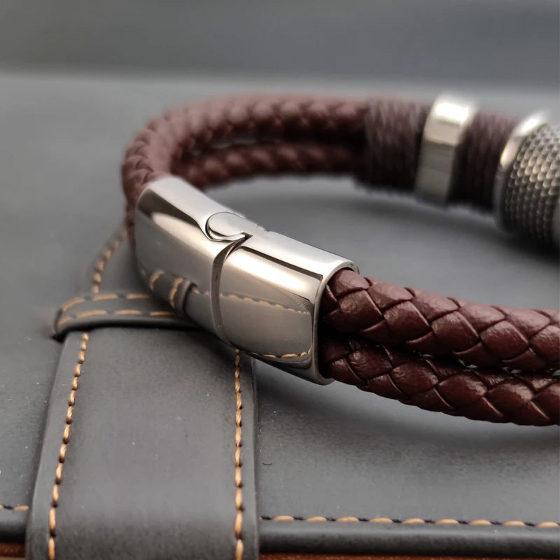 Charm Vintage Multilayer Brown Leather Stainless Steel Men Bracelet Bead Bracelet Jewelry Male Wrist Bangle Christmas Gifts