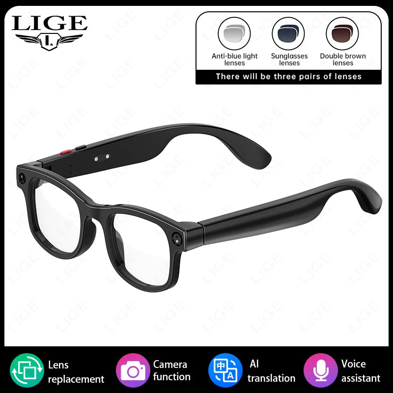 LIGE AI Smart Glasses – 1080P Camera, 32GB, Wi-Fi Transfer, AI Translation, 3 Lens Pairs