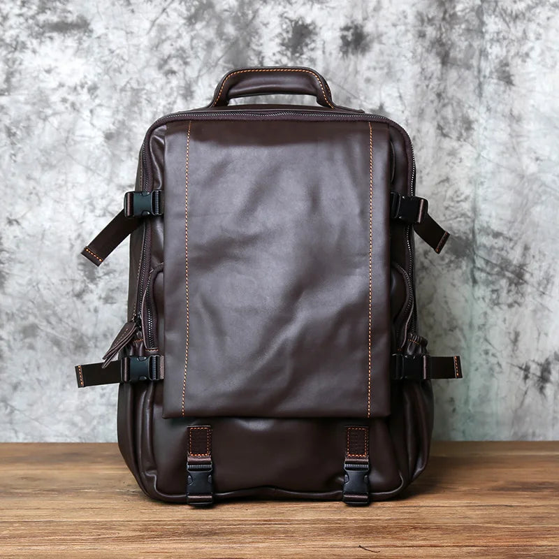 Men's Genuine Leather Backpack – Natural Cowhide, Laptop Compatible, Two Sizes