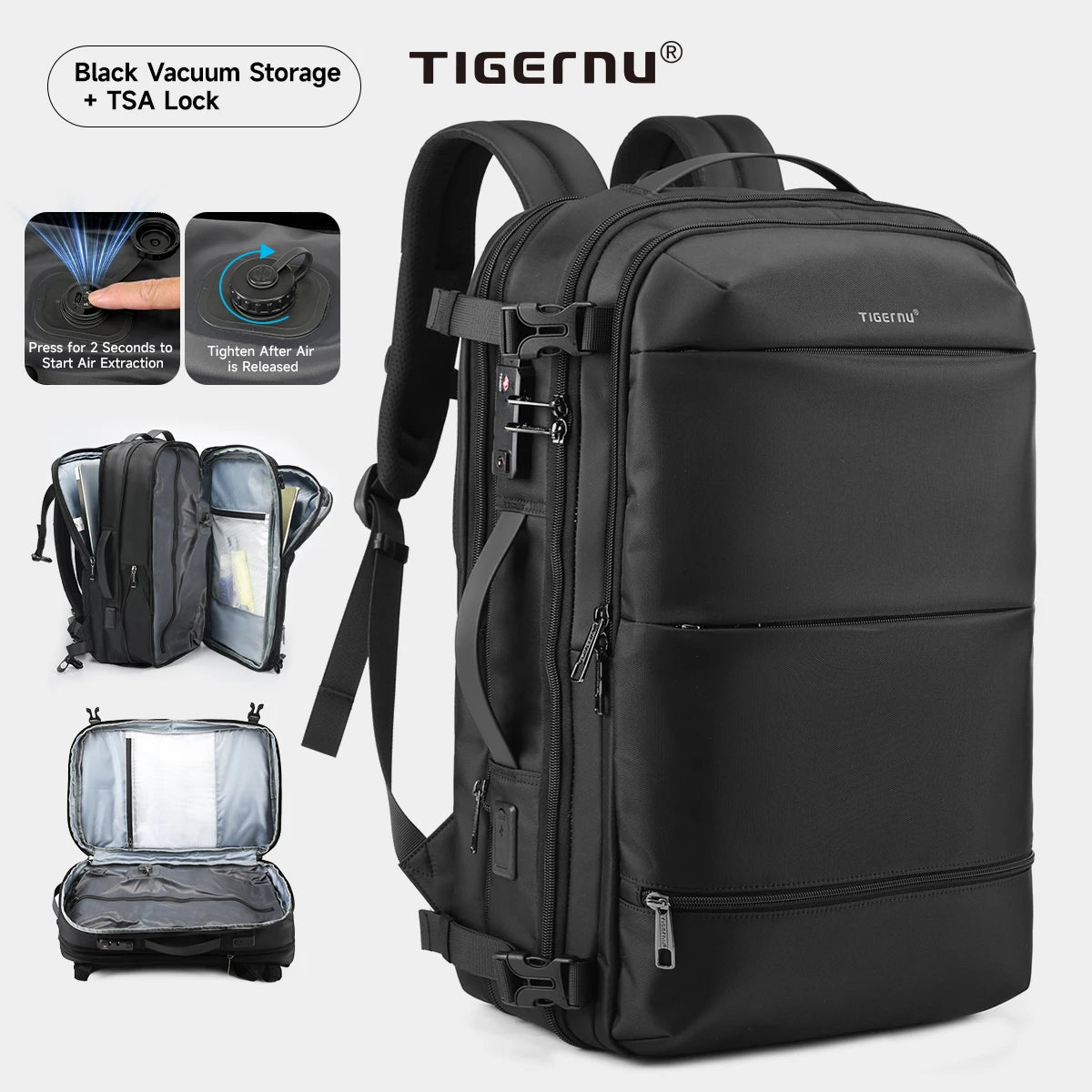 Tigernu Vacuum Compression Backpack – Expandable 27–37L, TSA Lock, USB Charging, 17" Laptop