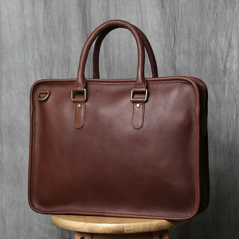 Men's Genuine Leather Briefcase – Slim Cowhide, Back iPad Pocket, Alloy Hardware, 14" Laptop