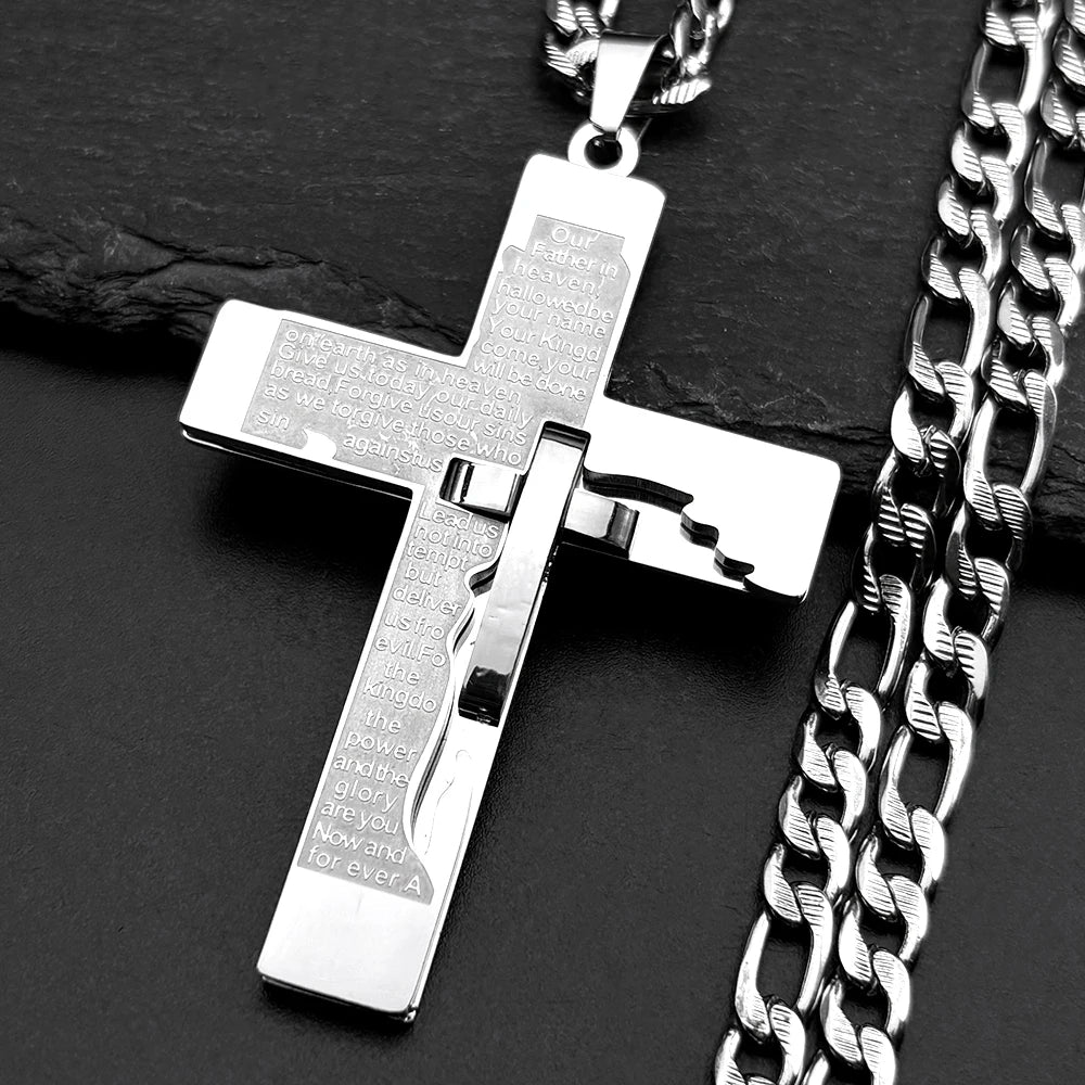 Bible Cross Pendant Necklace – Stainless Steel Chain for Men & Women